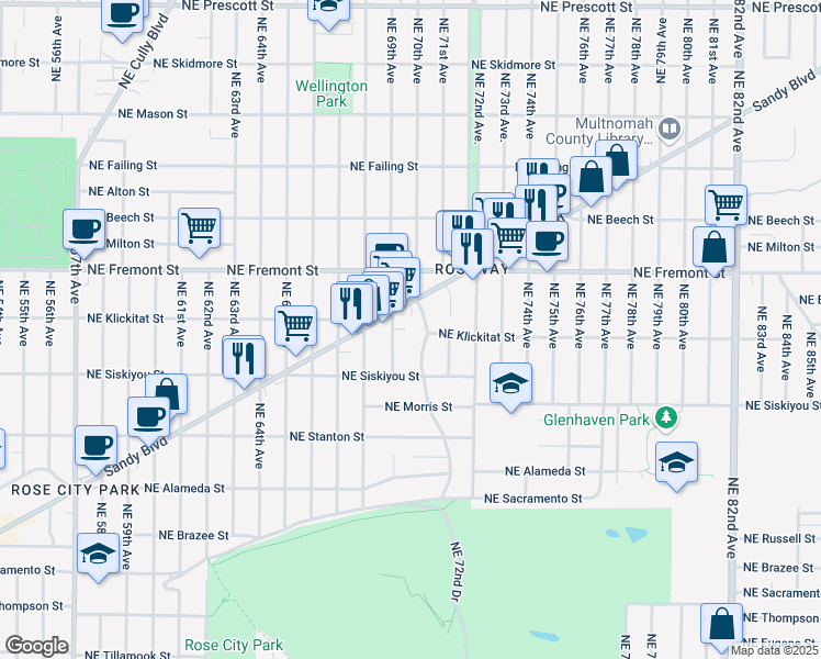 map of restaurants, bars, coffee shops, grocery stores, and more near 3146 Northeast 69th Avenue in Portland