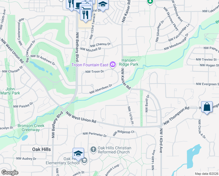 map of restaurants, bars, coffee shops, grocery stores, and more near 15192 Northwest Aberdeen Drive in Portland