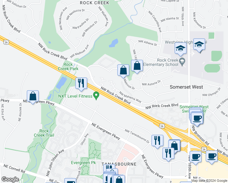 map of restaurants, bars, coffee shops, grocery stores, and more near 19470 Northwest Mahama Place in Portland