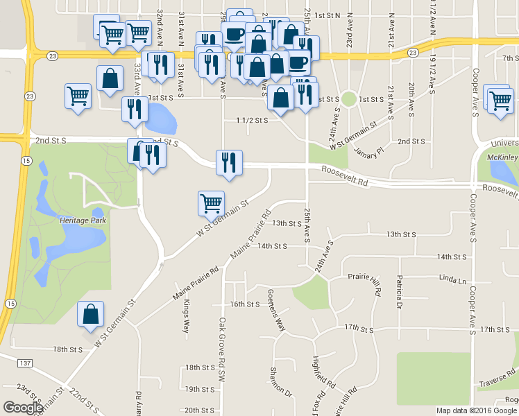 map of restaurants, bars, coffee shops, grocery stores, and more near 1310 Maine Prairie Road in St. Cloud