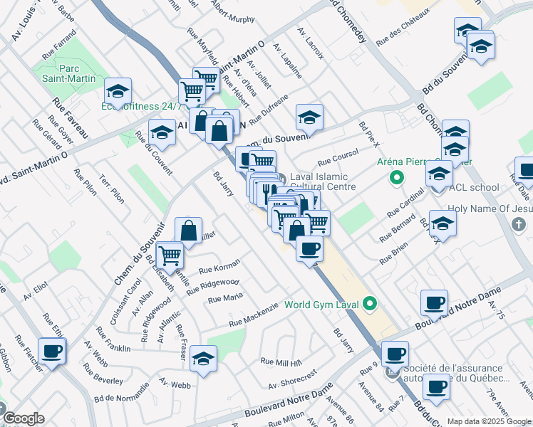 map of restaurants, bars, coffee shops, grocery stores, and more near 1276 Boulevard Curé-Labelle in Laval