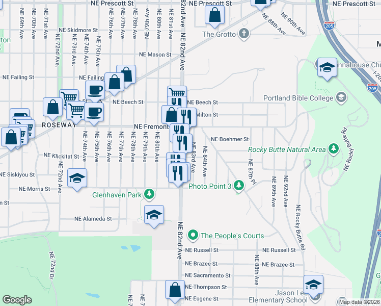 map of restaurants, bars, coffee shops, grocery stores, and more near 3315 Northeast 83rd Avenue in Portland