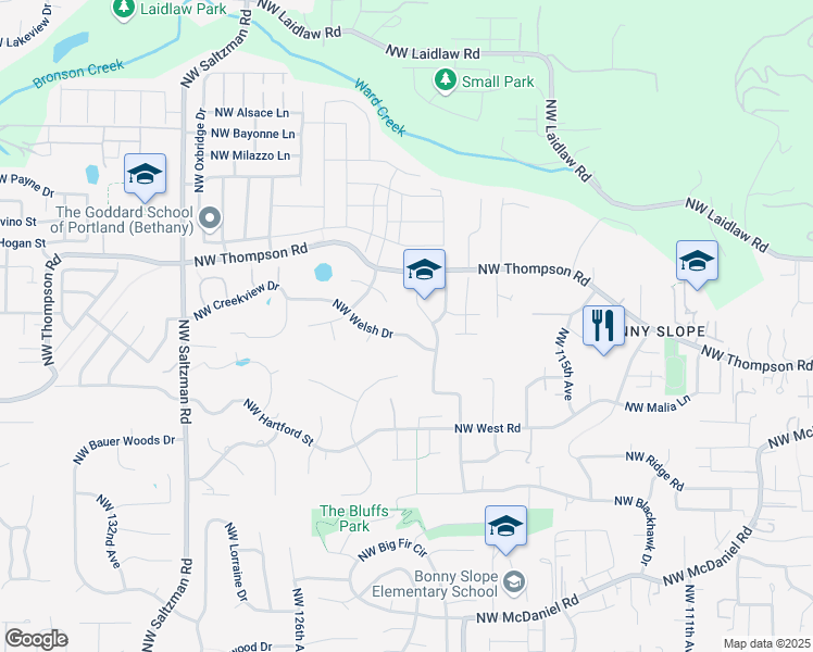 map of restaurants, bars, coffee shops, grocery stores, and more near 12190 Northwest Welsh Drive in Portland