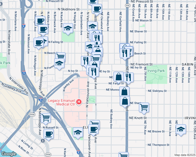 map of restaurants, bars, coffee shops, grocery stores, and more near in Portland