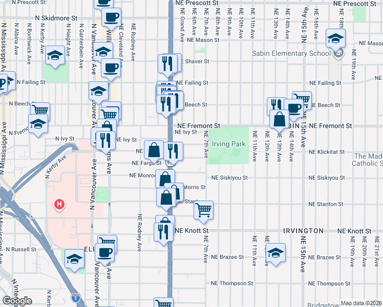 map of restaurants, bars, coffee shops, grocery stores, and more near 533 Northeast Fargo Street in Portland