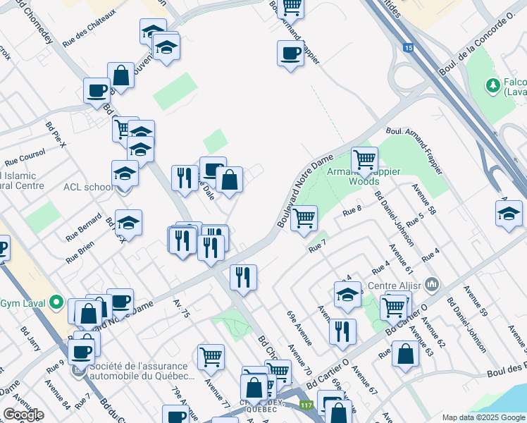 map of restaurants, bars, coffee shops, grocery stores, and more near 3055 Boulevard Notre-Dame in Laval