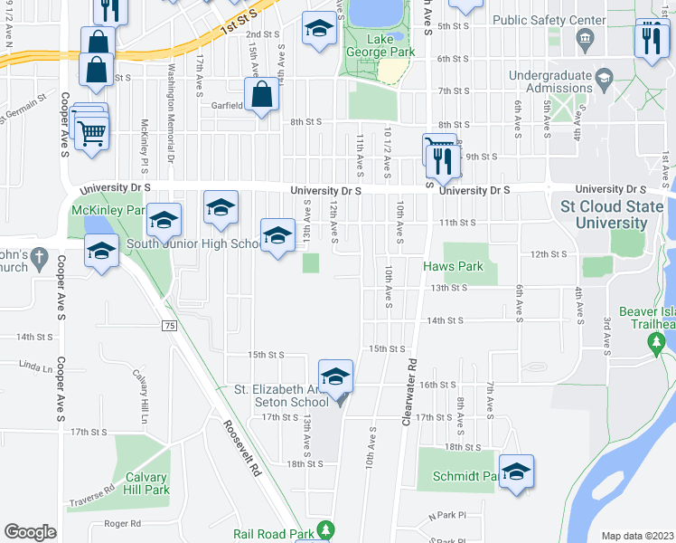 map of restaurants, bars, coffee shops, grocery stores, and more near 1115 13th Street South in St. Cloud