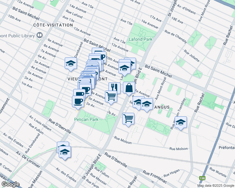 map of restaurants, bars, coffee shops, grocery stores, and more near 2862 Avenue Laurier Est in Montréal