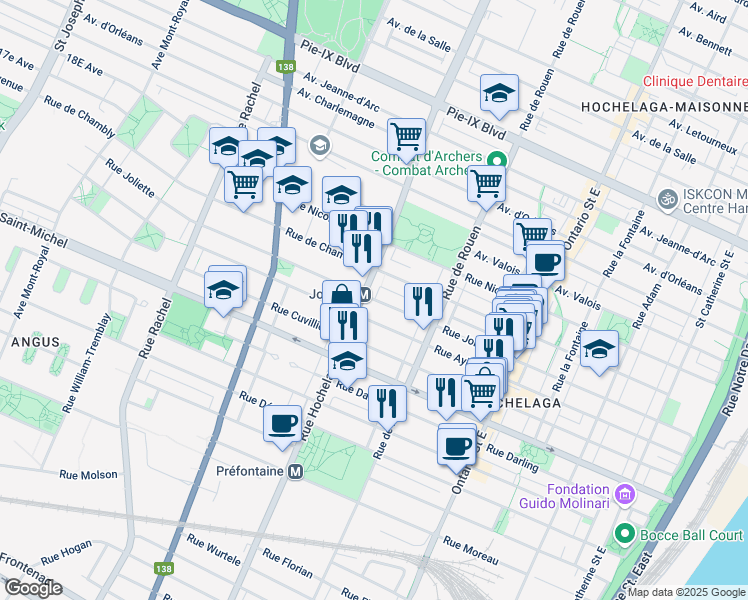 map of restaurants, bars, coffee shops, grocery stores, and more near 2410 Rue Joliette in Montréal