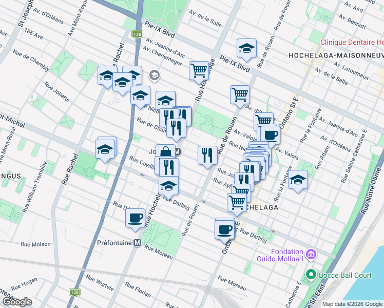 map of restaurants, bars, coffee shops, grocery stores, and more near 2375 Rue Joliette in Montréal