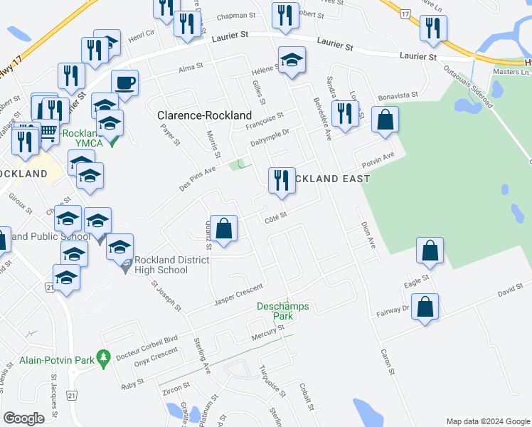 map of restaurants, bars, coffee shops, grocery stores, and more near 1076 Assaly Gardens in Clarence-Rockland