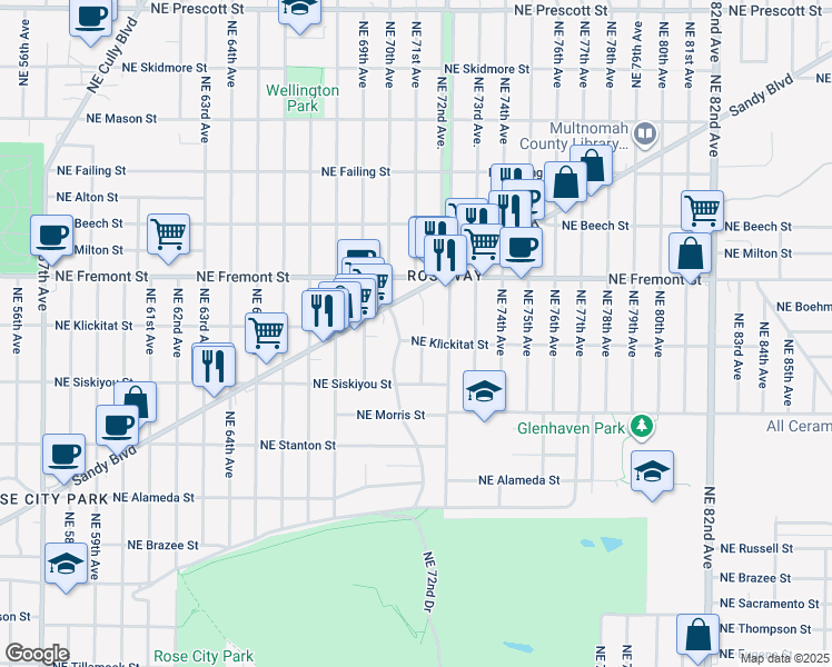 map of restaurants, bars, coffee shops, grocery stores, and more near 3207 Northeast 71st Avenue in Portland
