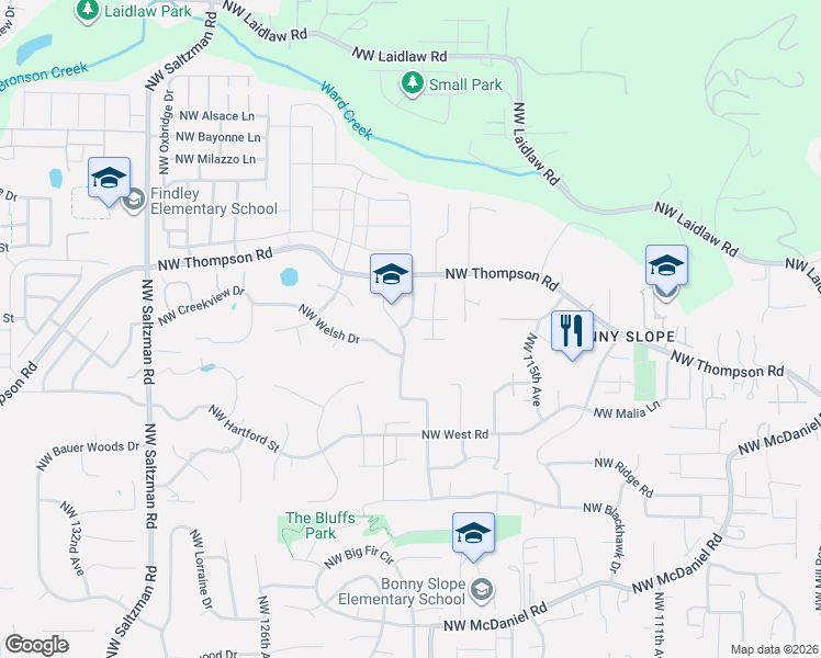 map of restaurants, bars, coffee shops, grocery stores, and more near 3684 Northwest Loriann Drive in Portland