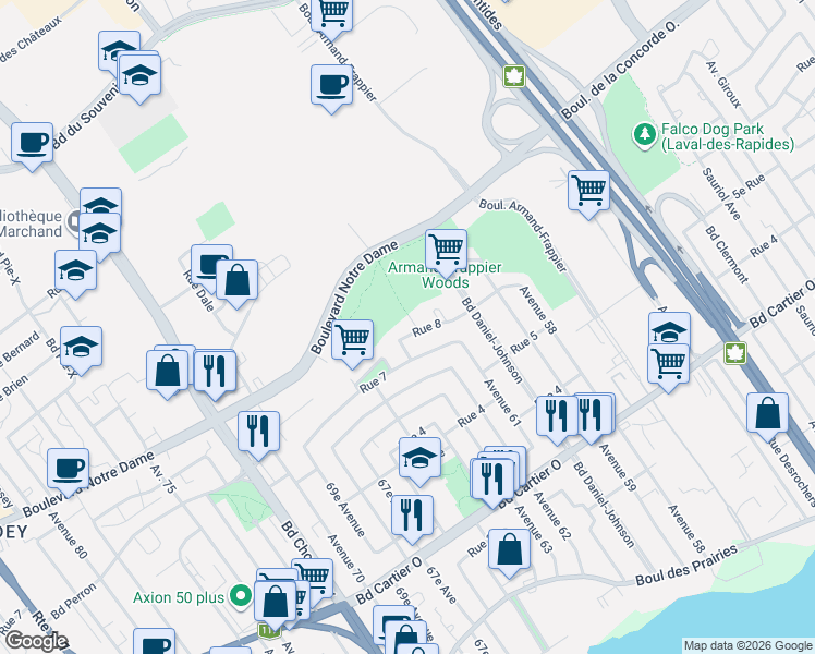 map of restaurants, bars, coffee shops, grocery stores, and more near 3067 Avenue Murray in Laval