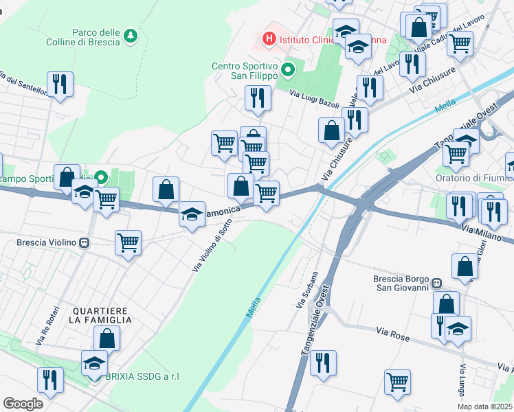 map of restaurants, bars, coffee shops, grocery stores, and more near 5 Via Valcamonica in Brescia