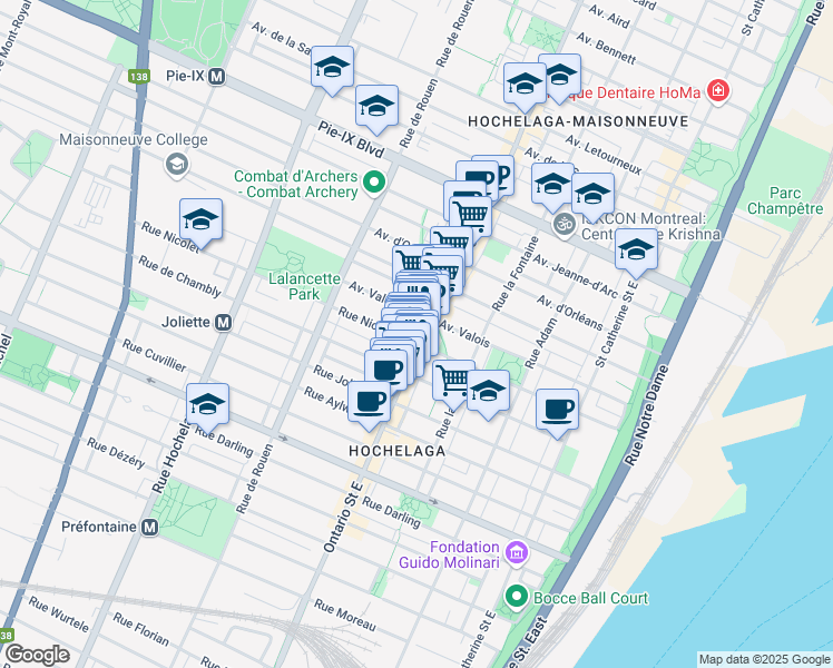 map of restaurants, bars, coffee shops, grocery stores, and more near 3650 Rue Ontario East in Montréal