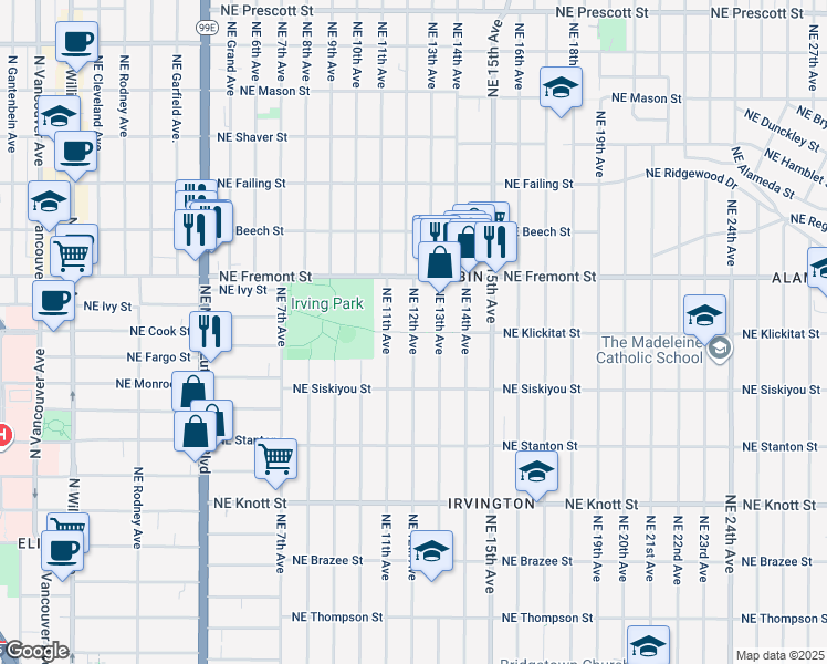 map of restaurants, bars, coffee shops, grocery stores, and more near Klickitat Mall in Portland