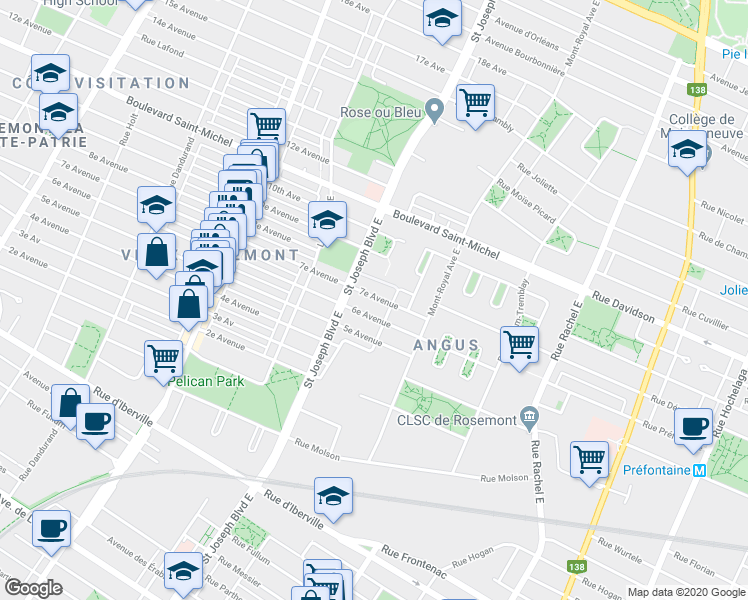map of restaurants, bars, coffee shops, grocery stores, and more near 4852 7e Avenue in Montréal