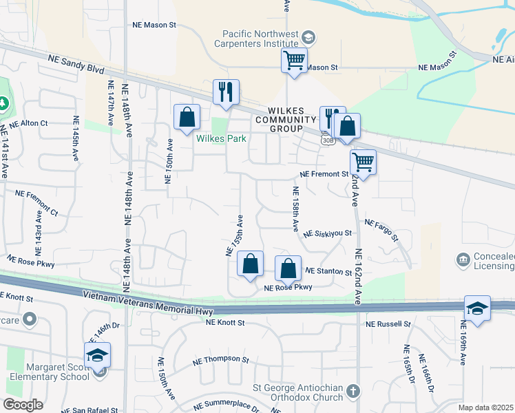 map of restaurants, bars, coffee shops, grocery stores, and more near 3330 Northeast 156th Avenue in Portland