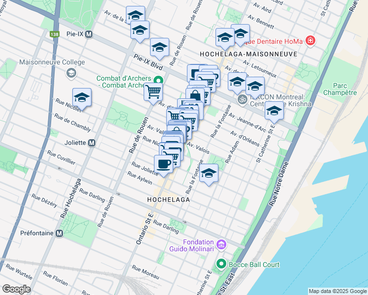 map of restaurants, bars, coffee shops, grocery stores, and more near 3778 Rue Ontario East in Montréal