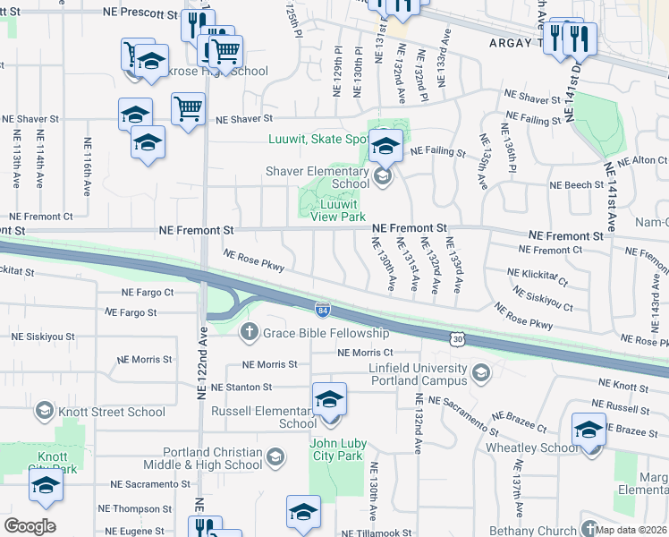 map of restaurants, bars, coffee shops, grocery stores, and more near 3321 Northeast 128th Avenue in Portland