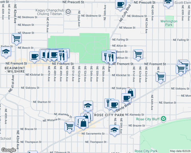 map of restaurants, bars, coffee shops, grocery stores, and more near 3245 Northeast 55th Avenue in Portland