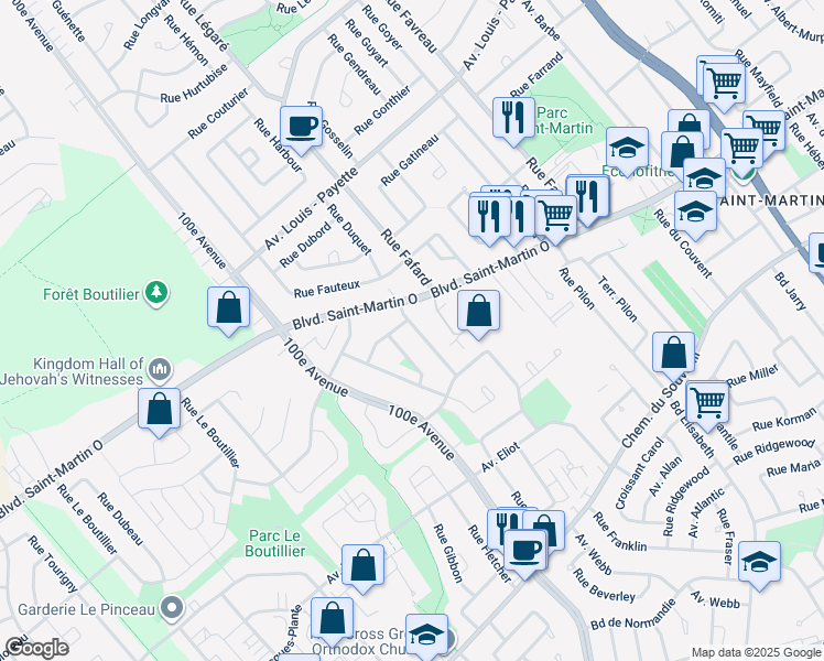 map of restaurants, bars, coffee shops, grocery stores, and more near 1870 Rue Louis Bélanger in Laval