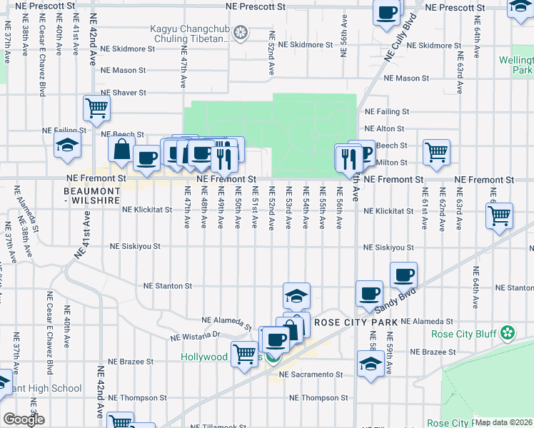 map of restaurants, bars, coffee shops, grocery stores, and more near 3335 Northeast 52nd Avenue in Portland