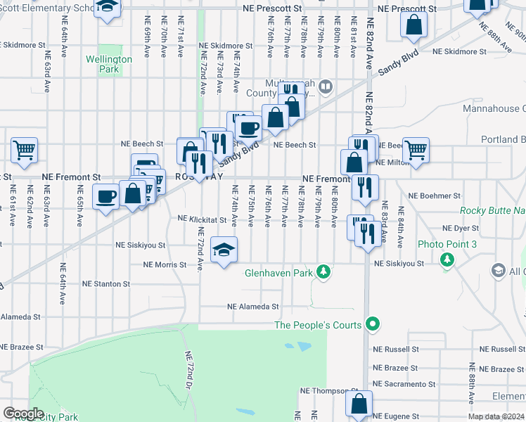 map of restaurants, bars, coffee shops, grocery stores, and more near 3321 Northeast 76th Avenue in Portland