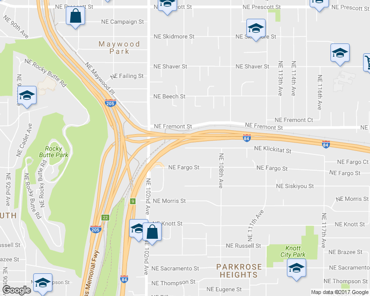 map of restaurants, bars, coffee shops, grocery stores, and more near Northeast Klickitat Street in Portland