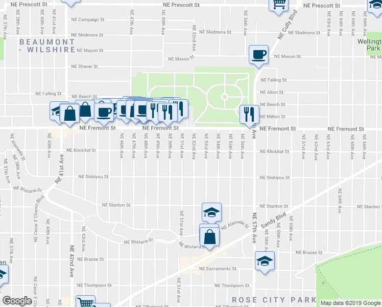 map of restaurants, bars, coffee shops, grocery stores, and more near 3335 Northeast 52nd Avenue in Portland