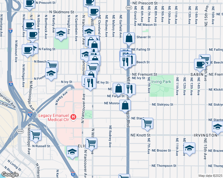 map of restaurants, bars, coffee shops, grocery stores, and more near 100 Northeast Ivy Street in Portland