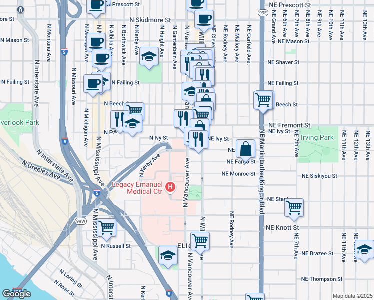 map of restaurants, bars, coffee shops, grocery stores, and more near 223 North Ivy Street in Portland