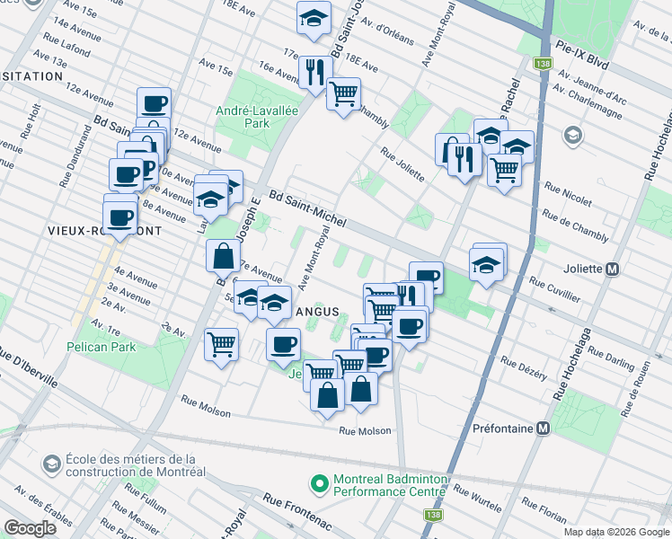 map of restaurants, bars, coffee shops, grocery stores, and more near 3181 Rue de la Forge in Montréal