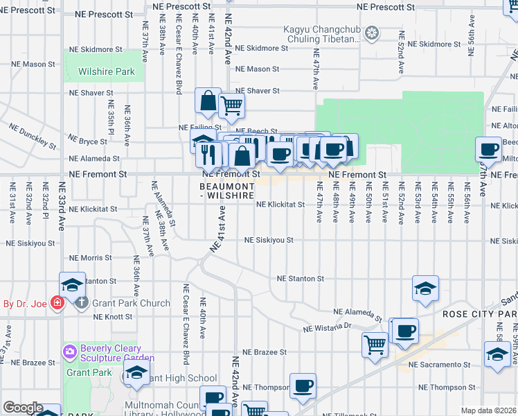 map of restaurants, bars, coffee shops, grocery stores, and more near 3242 Northeast 43rd Avenue in Portland