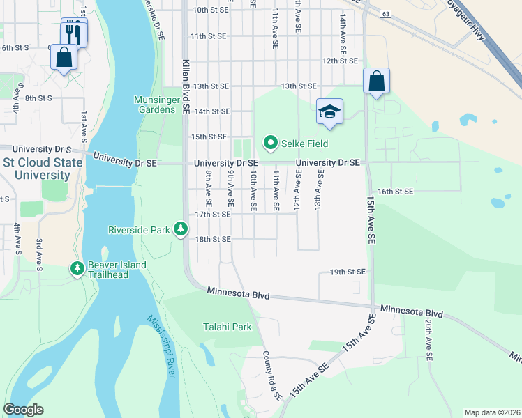 map of restaurants, bars, coffee shops, grocery stores, and more near 1603 10th Avenue Southeast in St. Cloud