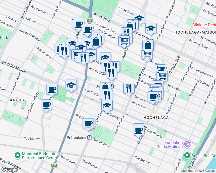 map of restaurants, bars, coffee shops, grocery stores, and more near 2494 Rue Joliette in Montréal