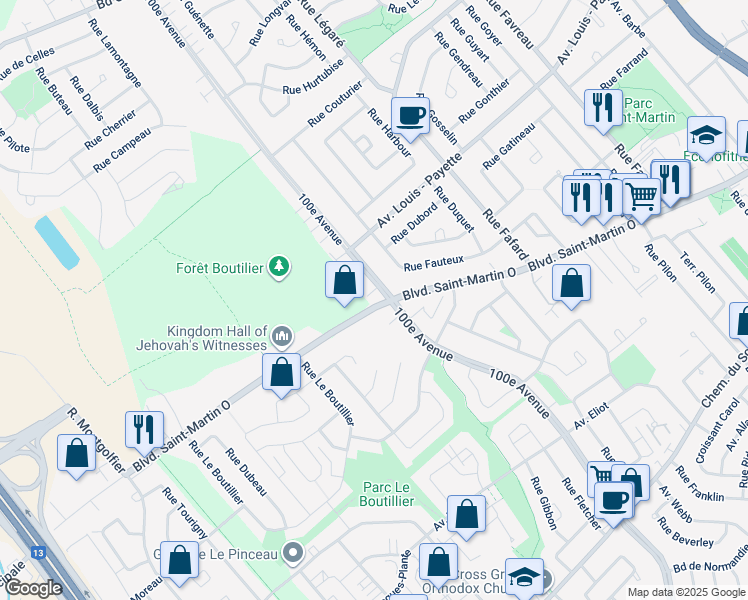 map of restaurants, bars, coffee shops, grocery stores, and more near 4747 Boulevard Saint-Martin Ouest in Laval