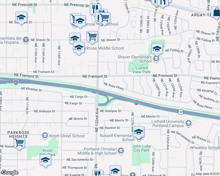map of restaurants, bars, coffee shops, grocery stores, and more near 12340 Northeast Rose Parkway in Portland