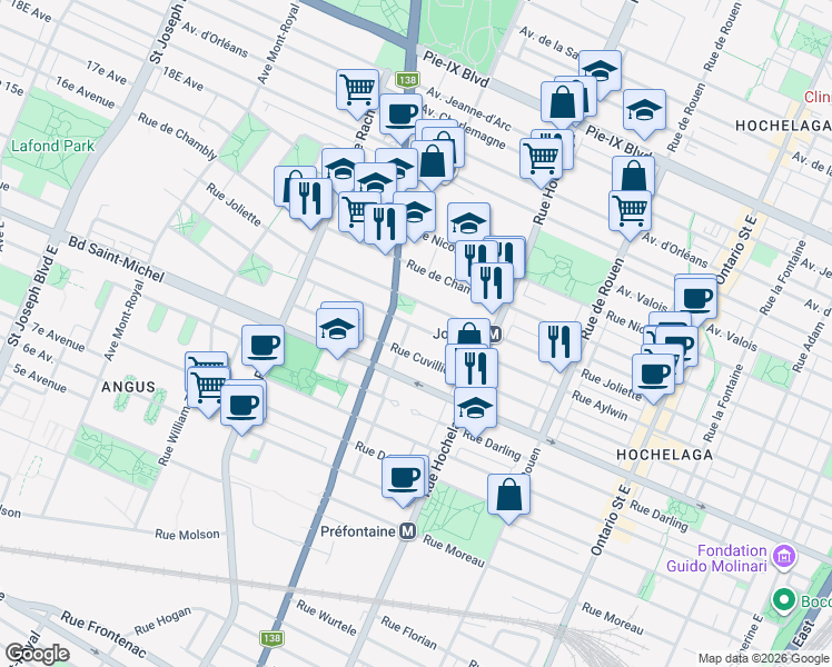 map of restaurants, bars, coffee shops, grocery stores, and more near 2650 Rue Aylwin in Montréal