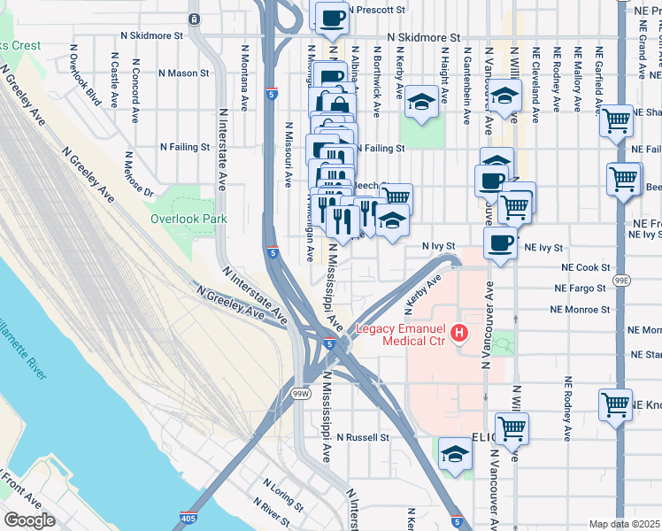 map of restaurants, bars, coffee shops, grocery stores, and more near in Portland