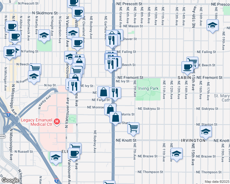 map of restaurants, bars, coffee shops, grocery stores, and more near 3250 Northeast Martin Luther King Junior Boulevard in Portland