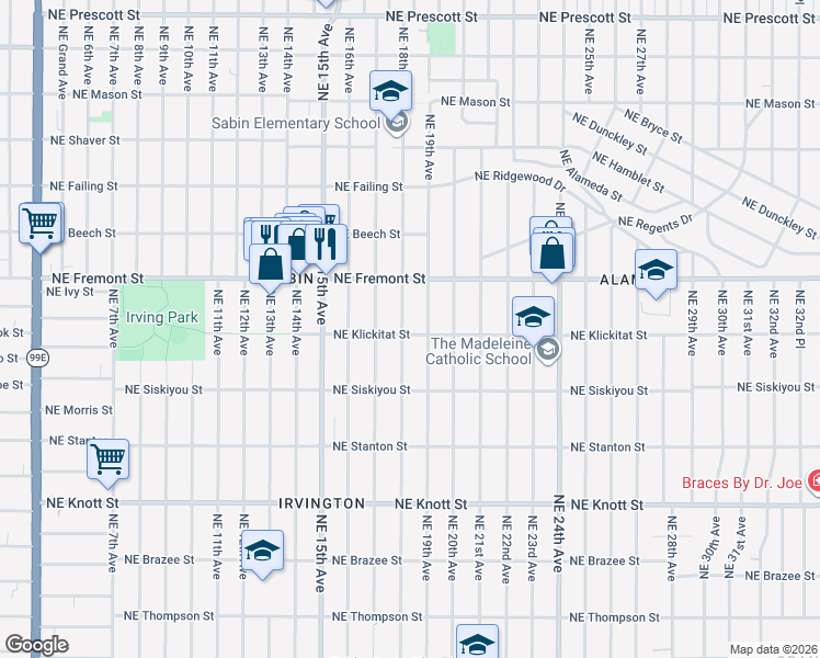 map of restaurants, bars, coffee shops, grocery stores, and more near 1809 Northeast Klickitat Street in Portland