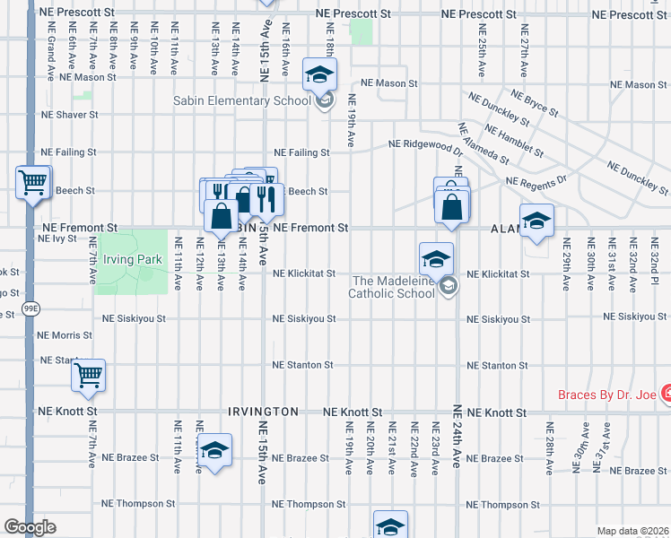 map of restaurants, bars, coffee shops, grocery stores, and more near 1809 Northeast Klickitat Street in Portland