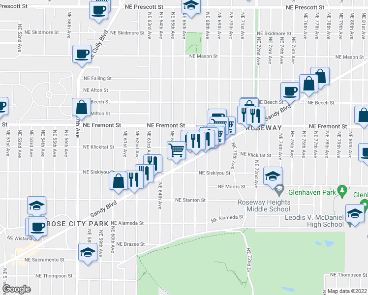 map of restaurants, bars, coffee shops, grocery stores, and more near Northeast 66th Avenue in Portland