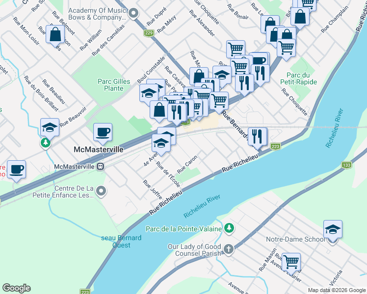 map of restaurants, bars, coffee shops, grocery stores, and more near 171 Rue Parent in McMasterville