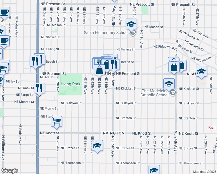 map of restaurants, bars, coffee shops, grocery stores, and more near 3302 Northeast 14th Avenue in Portland