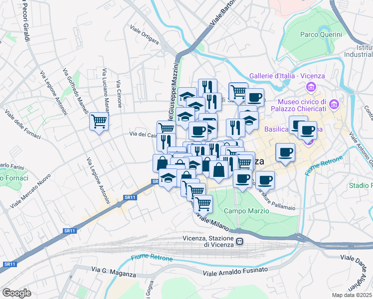 map of restaurants, bars, coffee shops, grocery stores, and more near 17 Via Giampaolo Bonollo in Vicenza