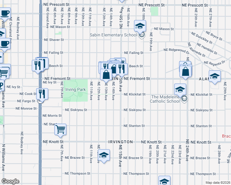 map of restaurants, bars, coffee shops, grocery stores, and more near 3302 Northeast 14th Avenue in Portland