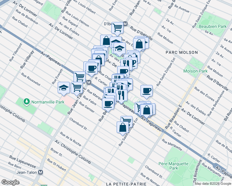 map of restaurants, bars, coffee shops, grocery stores, and more near 1835 Rue Bélanger in Montréal